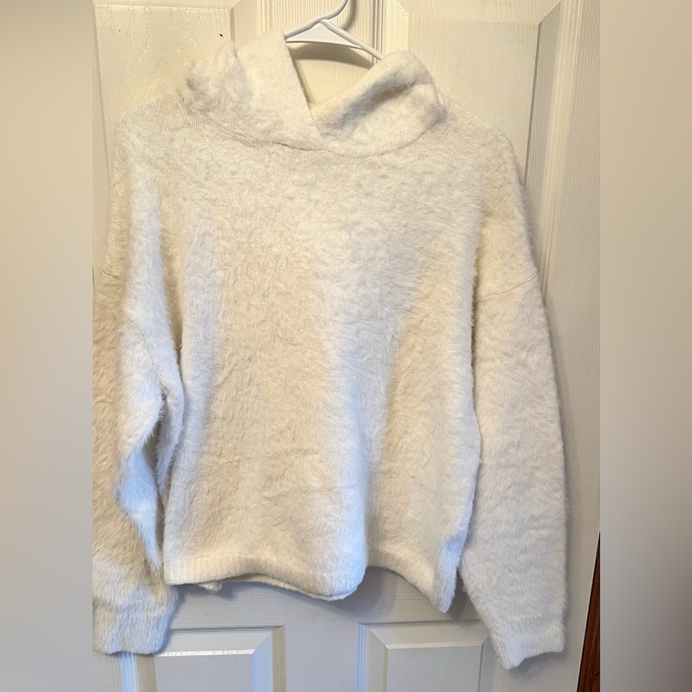 Philosophy hooded white fluffy sweater.